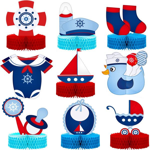 9 Pcs Nautical Baby Shower Decorations Nautical Baby Boy Honeycomb Centerpiece Ahoy It's a Boy Baby Shower Party Supplies Gender Reveal Party for Newborn Baby Boy Party Decorations