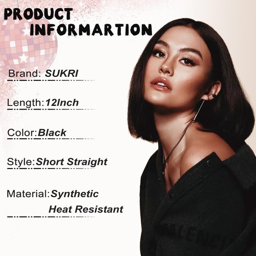 SUKRI Black Bob Wigs for Women Short Straight Bob Wigs with Bangs Middle Part Synthetic Cosplay Costume Party Wigs