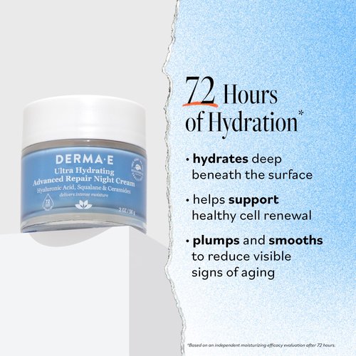 Derma E Ultra Hydrating Night Cream, Advanced Repair Overnight Face Moisturizer with Hyaluronic Acid to Replenish, Smooth and Nourish Skin, 2 oz