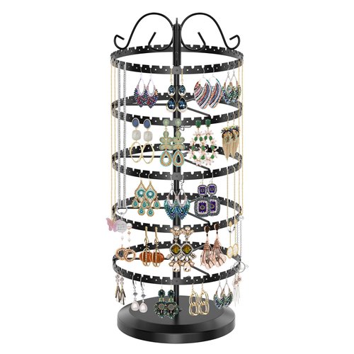 LASZOLA 5 Tiers Metal Earring Holder Organizer, Stable Rotating Jewelry Display Stand for Women Girls, 400 Holes and Grooves Earring Spin Table Rack Tower Tree for Necklace Bracelet Ring - Black