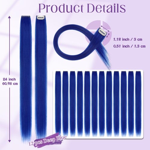 Fanguilar Colored Hair Extensions 12 PCS 24 Inch Deep Blue Clip in Hair Extensions Rainbow One Color Party Highlight Long Straight Synthetic Hairpiece for Women Gifts Halloween Party