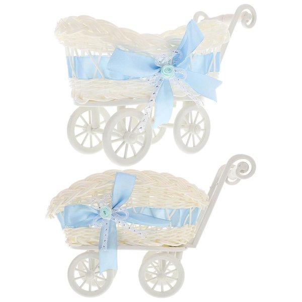 jojofuny 9.4X6.6X5.5inch 2pcs Wicker Baby Carriage, Carriage Centerpieces for Tables, Baby Doll Stroller Woven Flower Basket for Baby Shower Party Favors