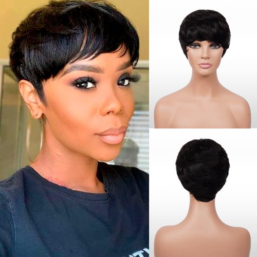 INSTANT FAB Short Human Hair Wigs Pixie Cut Wigs for Black Women Short Pixie Hairstyles Layered Wavy Tapered Back Non Lace Front Wigs - TOPAZ (NATURAL)
