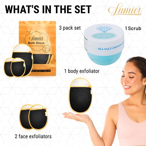 Exfoliating Gloves, Body Mitts, Salt Exfoliating Body Scrub, Foaming Rich Lather Scrub, Sea Salt Crystal Bath Scrub (1 SCRUB)