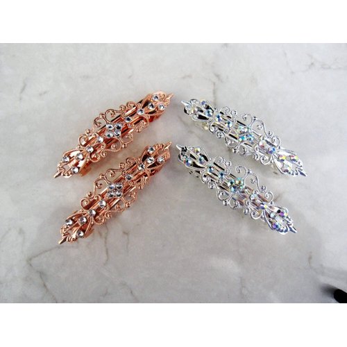 Generic Small pair of antique silver or rose gold crystal hair clip clamp (Crystal option: No crystals, Primary color: Silver)