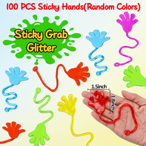 100PCS Glitter Sticky Hands Party Favors for Kids Birthday Supplies Valentine Goodie Bag Stuffers Classroom Treasure Box Carnival Prizes Bulk Treat Gift Trinkets Pinata Filler Stuff Mini Stretchy Toys