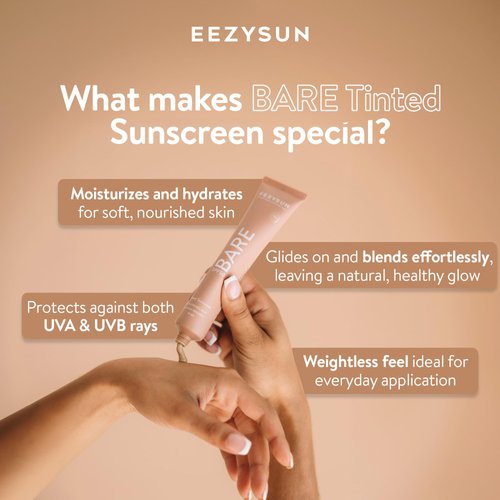 EEZYSUN BARE Tinted Sunscreen SPF 50 – Non-Greasy, Water-Resistant, Vegan & Reef-Safe with Hyaluronic Acid & Jojoba Oil – 1.69 fl oz – Tan