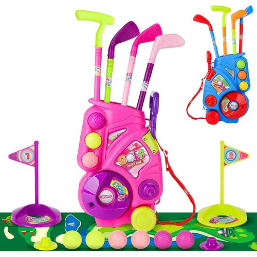 deAO Golf Set for Kids Golf Suitcase Toy Set, Outdoor Indoor Sports Toys, Golf Clubs Set Garden Game for Boys Girls 3 4 5 Years Old Pink