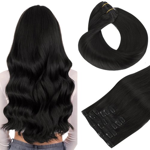 HOTBANANA Human Hair Clip in Hair Extensions, Natural Black 120g Clip in Hair Extensions Real Human Hair Straight Remy Hair Clip in Hair Extensions 16 Inch 7pcs