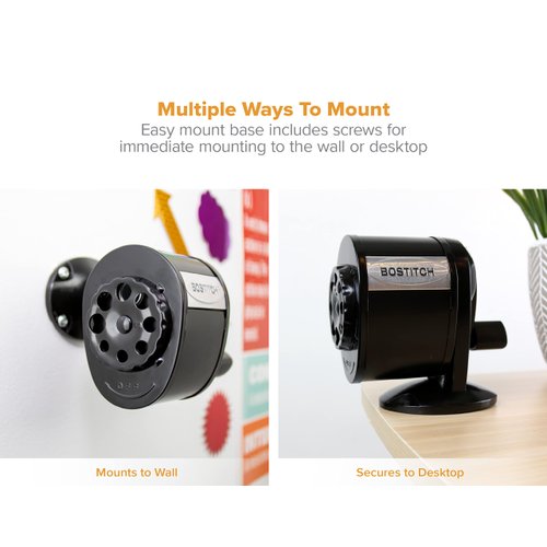 Bostitch Office Wall Mount Manual Pencil Sharpener, Tip Saver, 8 Hole Dial, 6X Longer Cutter Life, Vertical or Horizontal Mounting Black (MPS1-BLK)