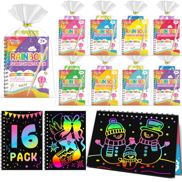 Scratch Art Party Favors for Kids: 16 Pack Rainbow Scratch Notebook Kids Art Supplies for Girls Boys Kids Birthday Party Favors Valentines Gifts Classroom Prizes Goodie Bag Stuffers