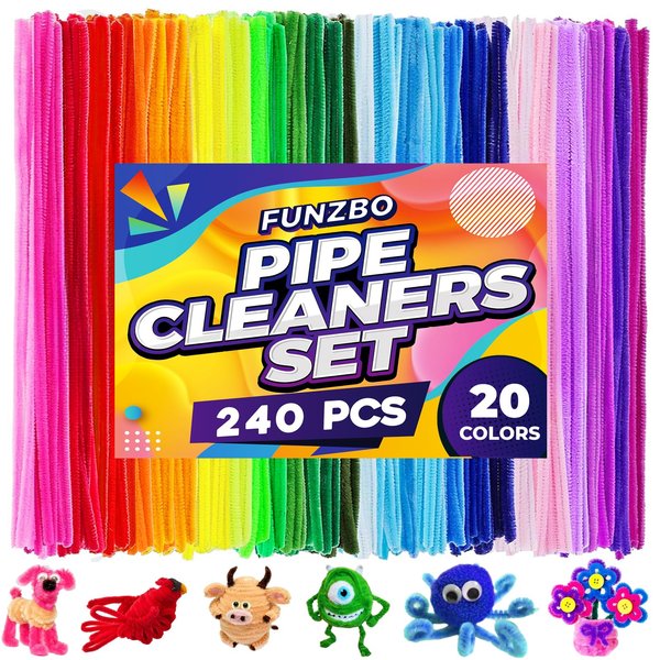 FUNZBO 240pcs 20 Colors Pipe Cleaners Craft Supplies - Arts and Crafts, Chenille Stems Creative DIY Arts, Crafts for Kids, Girls and Boys, Christmas Gifts for Kids Age 4+ (6mm x 12in)