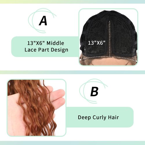 Fecihor 40" Super Long Deep Curly Lace Front Wigs for Women Middle Part Synthetic Curly Wavy Wigs Ombre Brown Transparent Frontal Lace Wig