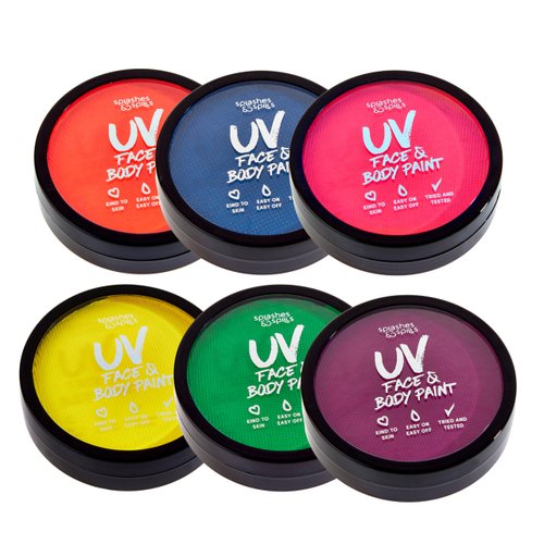 Water Activated UV Black Light Face and Body Paint - 6 Color Pack - Costume, Halloween and Club Makeup - Safe for all Skin Types - Easy On and Off - 18g Cakes - by Splashes & Spills