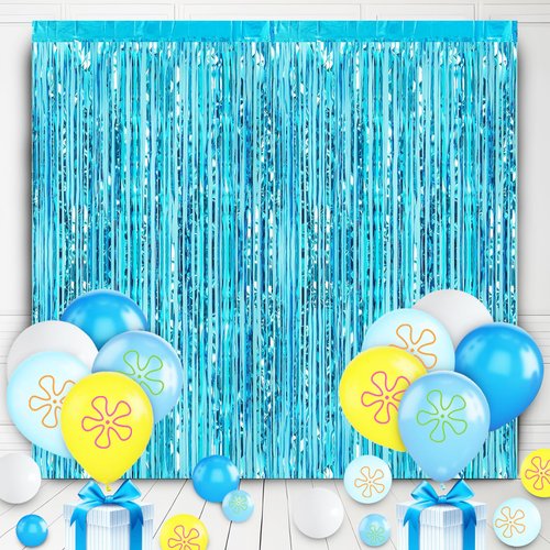 22Pcs Cartoon Baby Birthday Decorations, Aquamarine 3.3x8.2ft Tinsel Foil Fringe Curtains Banner and Cute Flowers Bubbles Balloons for Cute Theme Party Decorations Boys and Girls Party Supplies