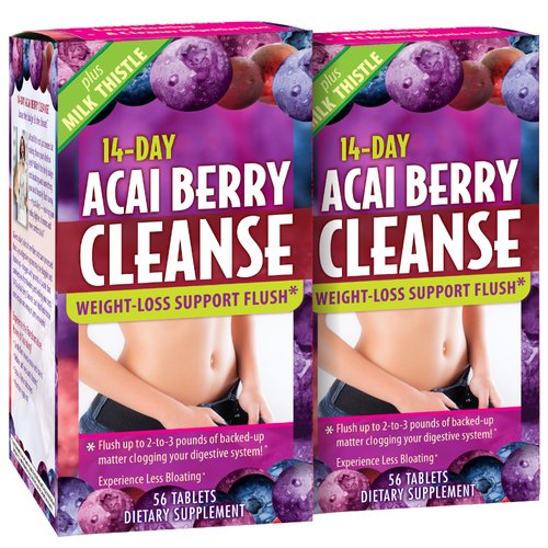 Applied Nutrition 14-Day Acai Berry Cleanse - 56 Tablets, Pack of 2 - Weight-Loss Support Flush + Milk Thistle - 56 Total Servings