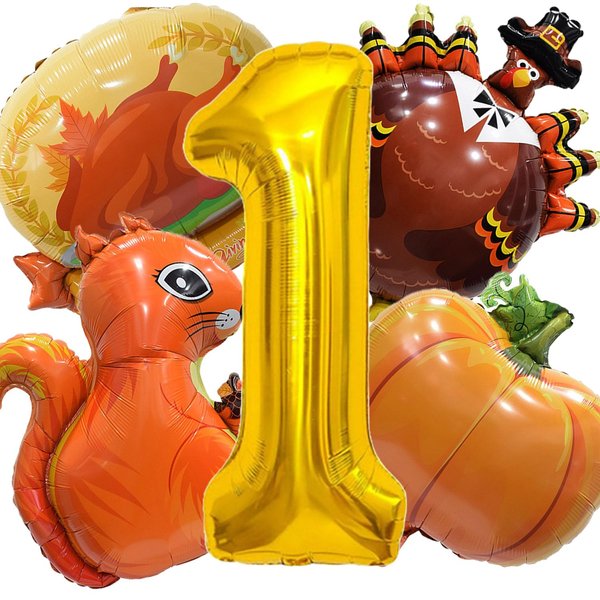 HADCKJA First Birthday Balloon Thanksgiving Birthday Party Supplies Gold Number 1 Squirrel Pumpkin Turkey Foil Balloon for Boy Girl Shower Decorations Birthday Party Decorations 5Pcs