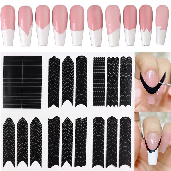 French Tip Nail Stickers 6 Sheets French Manicure Strips French Tips Guides Self-Adhesive Nail Sticker French Tip Nail Tool Wave Lines Nail Tape for Nail Art Airbrush Stencils Set