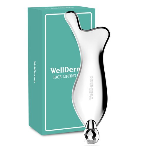 WELLDERMA Stainless Steel 2 in 1 Gua Sha & face Roller Metal Tool for Effective Puffiness Reduction, Lymphatic Drainage, and Facial Tension. Durable, Convenient Gua Sha Travel Friendly Pouch