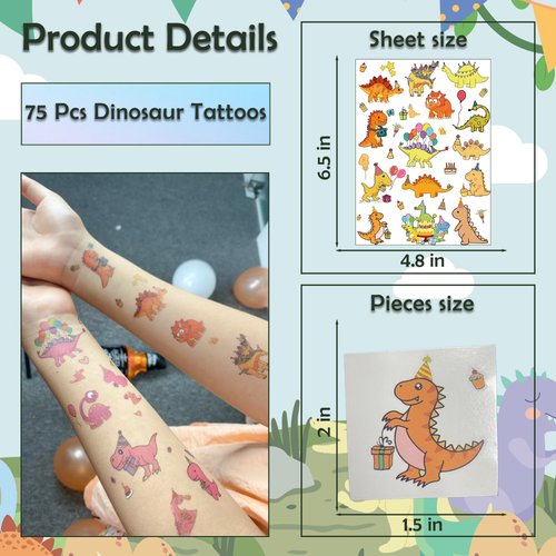 75 PCS Dinosaur Birthday Temporary Tattoos for Party Supplies, Temporary Tattoo Stickers for Birthday Parties, Animal Party Favor Activities, Waterproof Temporary Tattoos. (Multi color)