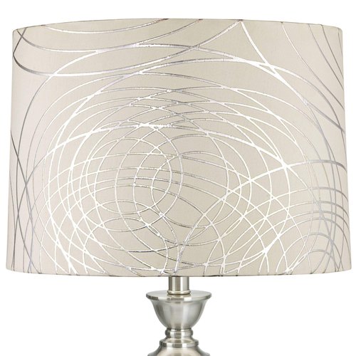Off-White with Silver Circles Medium Drum Lamp Shade 15" Top x 16" Bottom x 11" High (Spider) Replacement with Harp and Finial - Springcrest