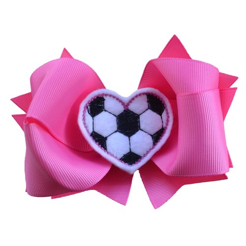 Girls Sports 4.5 Inch Hair Bow with Embroidered Heart Appliqué by Funny Girl Designs (Hot Pink Soccer)