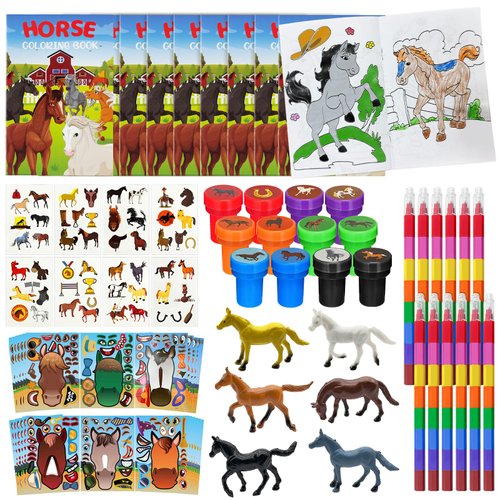 Cinrobiye 72 Pcs Horse Coloring Book with Crayons Party Favors,Farmhouse Pony Party Goodie Bags Fillers,Western Horses Birthday Party Games Craft DIY Kit Face Stickes for Horse Cowboy Pinatas