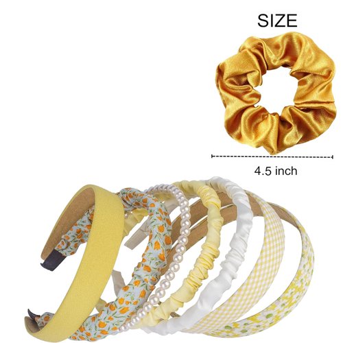 YudeWater 7 Pieces Headbands for Womenand 1Pcs Satin Silk Hair Scrunchies Soft,Fashion Headbands Pearl Hairband Non-slip Bands Hair Accessories for Women Girls, Different Pattern (Yellow)