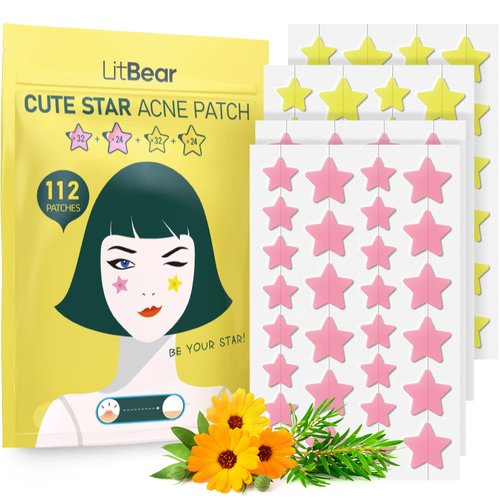 Acne Patch Pimple Patch, LitBear Pink & Yellow Star Shaped Acne Absorbing Cover Patch, Hydrocolloid Acne Patches For Face Zit Patch Acne Dots, Tea Tree Oil & Centella, 112 Patches, 14mm & 10mm