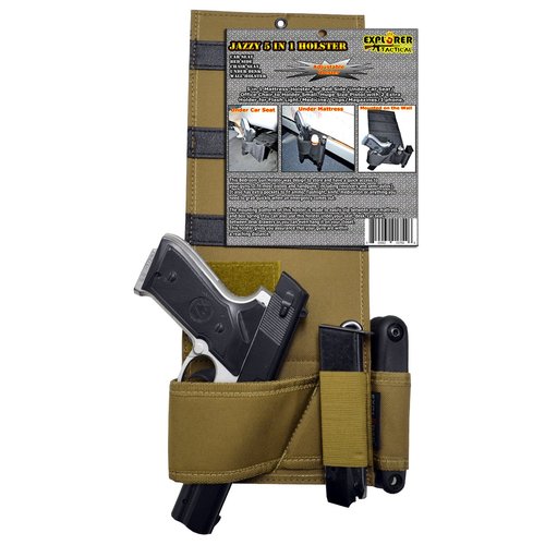 Explorer Adjustable Under Mattress Bedside Pistol Holster Car Seat Desk Closet Gun Handgun Holster with Flashlight Loop Magazine Holder (Coyote Tan Bed Holster)