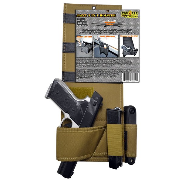 Explorer Adjustable Under Mattress Bedside Pistol Holster Car Seat Desk Closet Gun Handgun Holster with Flashlight Loop Magazine Holder (Coyote Tan Bed Holster)