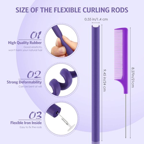 30 Pieces Flexible Curling Rods Twist Foam Hair Rollers Soft Foam No Heat Hair Rods Rollers and 1 Steel Pintail Comb Rat Tail Comb for Women Girls Long and Short Hair (Purple, 9.45 x 0.55 Inch)