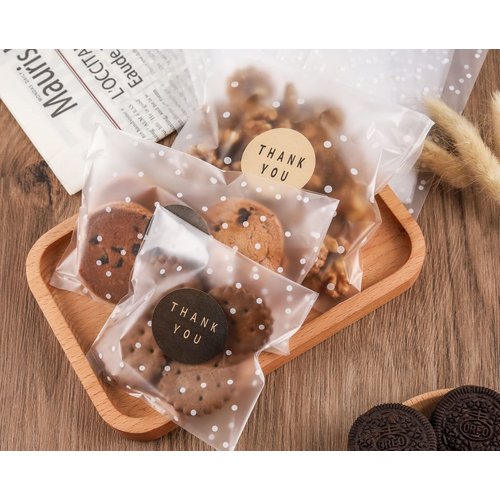 NPLUX 100PACK Self Adhesive Cookie Bags Cellophane Treat Bags Thank You Candy Bags for Gift Giving with Stickers(White Polka Dot,4x4 INCH)