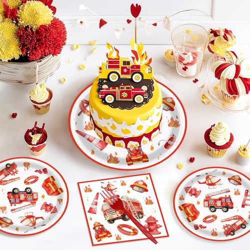BQC 96 Pcs Firetruck Party Plates and Napkins Fire Truck Birthday Decorations Firefighter Party Favors Firetruck Party Supplies