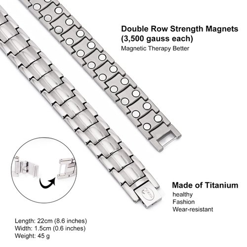 JEROOT Magnetic Bracelets for Men, Pure Titanium Double Row Strong Magnets(3500Gauss Per Magnet) Bracelet, Men's Bracelet with Adjustment Tool & Jewelry Gift Box (Sliver)