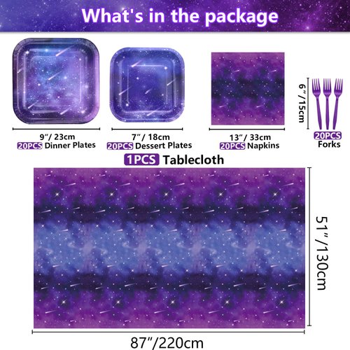 Space Galaxy Party Supplies for 20 Guests, Include Starry Night Paper Plates, Napkins, Forks, Universe Tablecloth for Kids Girls Birthday Party Outer Space Theme Party Decorations