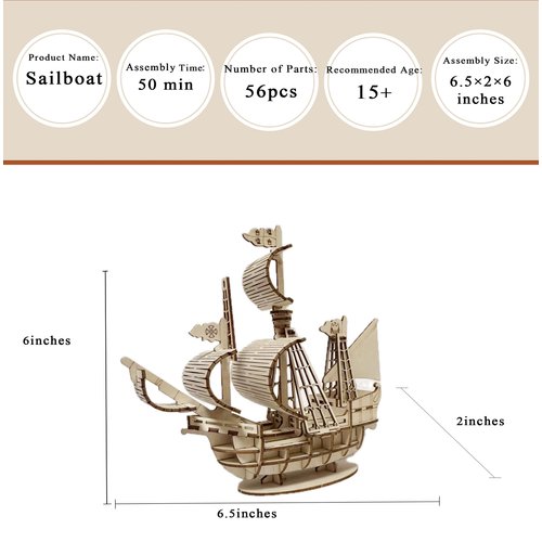 MPIUET 3D Wooden Puzzles for Adults Wooden Sailing Ship Model Kits for Adults, Wooden Watercraft Sailboat Model, 3D Jiasaw Puzzles, 3D Brain Teaser Puzzles, 6.5" × 2" × 6"