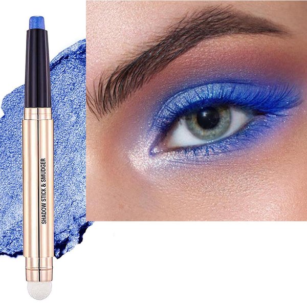 2 in 1 blue Eyeshadow stick and Sponge Makeup Brush, Smooth Cream Shimmer Shadow Pencil Long Lasting Waterproof Eye Shadow Highlighter Stick Makeup , Hypoallergenic Eyeshadow, Highlighter Eye Liner