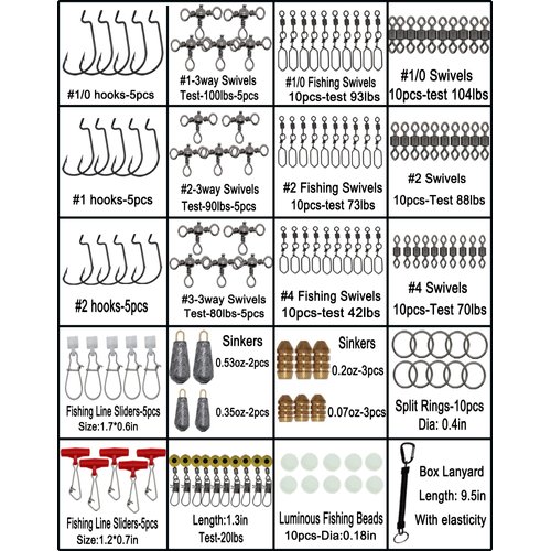SUPERTHEO Fishing Accessories Kit with Hooks Bass Casting Sinkers Fishing Swivels Snaps Sinker Slides Fishing Line Beads Fishing Set with Tackle Box Lanyard