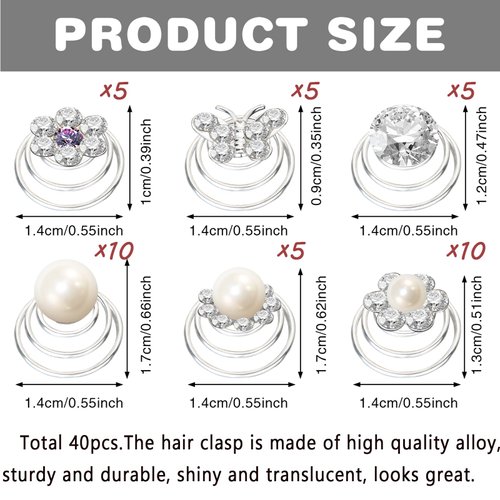 40pcs Brides Spiral Hair Pins,UHOMENY Silver Pearl Hair Pins Crystal Rhinestones Swirl Hair Pins Hair Pins for Bridal Wedding Hair Accessories with Box for Women Girls Wedding Bridal Party