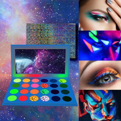 QIDS Luminous Eyeshadow Palette Glow in Dark Glittering 24-Color UV Blendable Eyes Shadow Palette Bright Fluorescent Makeup Set Glitter Mixable Sequins and Long-Lasting Matte Eyeshadow Palette