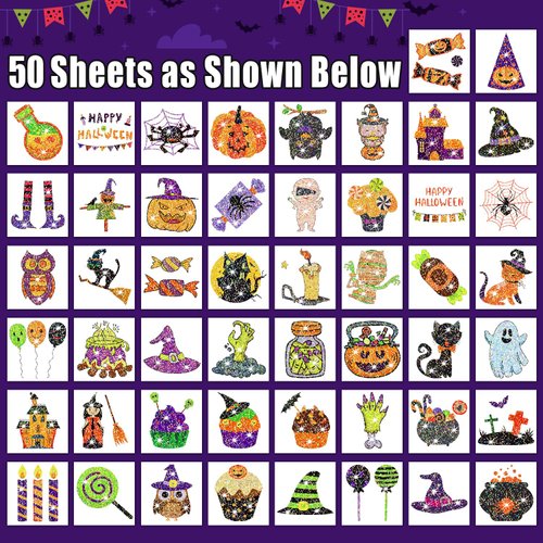 Leesgel 50 Styles Glitter Halloween Birthday Party Supplies, Halloween Cute Tattoos Stickers For Kid Prizes, Safety Waterproof Fake Temporary Tattoo for Boys Girls Halloween Party Games Toys