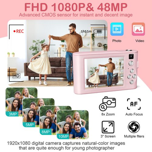 Diswoe Upgrade Kids Selfie Camera, Christmas Birthday Gifts for Girls Age 3-12, HD Digital Video Cameras for Toddler, Portable Toy for 3 4 5 6 7 8 Year Old Girl with 32GB SD Card-Pink