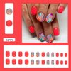 Acrylic Nails Press on，Press on Nails Short Square Fake Nails Red Glossy False Nails with Cute Flower Press ons Designs Artificial Nails Stick on Nails For Women Girls 24Pcs