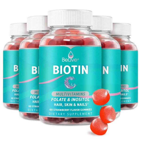 BeLive Biotin Gummies - Skin, Nails & Hair Vitamins with A, C, D, E, B12, Zinc, Folate & Inositol, Biotin Supplement for Anti-Aging, Energy & Collagen Boost, Multivitamin Gummies - Strawberry | 5-Pack