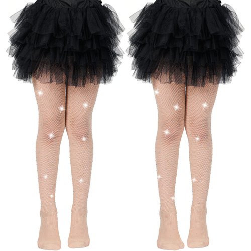 MANZI Rhinestone Fishnets Tights for Girls White Tights Sparkly Black Tights for Girls Fishnet Stockings (Pack of 2 Natural)