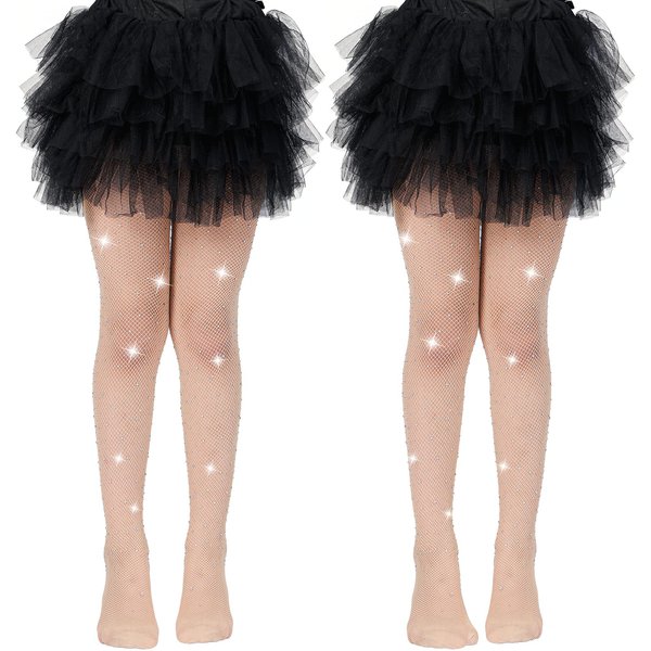 MANZI Rhinestone Fishnets Tights for Girls White Tights Sparkly Black Tights for Girls Fishnet Stockings (Pack of 2 Natural)