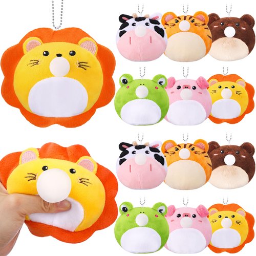 WinnerWhy 12 Pcs Mini Plush Stuffed Animals Stress Balls 3.15 Inch Sensory Squeeze Toys Keychains Anxiety Relief Fidget Ornaments Lion Frog Pig Cow Bear for Kid Adults Christmas Birthday Gift(Animal)
