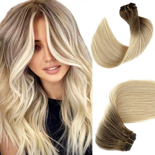 Ombre Weft Hair Extensions Human Hair 22 Inch 120G Ash Brown to Platinum Blonde Sew in Hair Extensions Real Human Hair Genius Weft Hair Extensions Human Hair Hand Tied Weft Sew in Extensions
