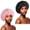 Generic Satin Bonnet for Sleeping Wide Band Bonnets for Women, Hair Bonnets for Sleeping Elastic Soft Silk Hair Wrap for Curly Natural Hair (Black+Pink) showercap